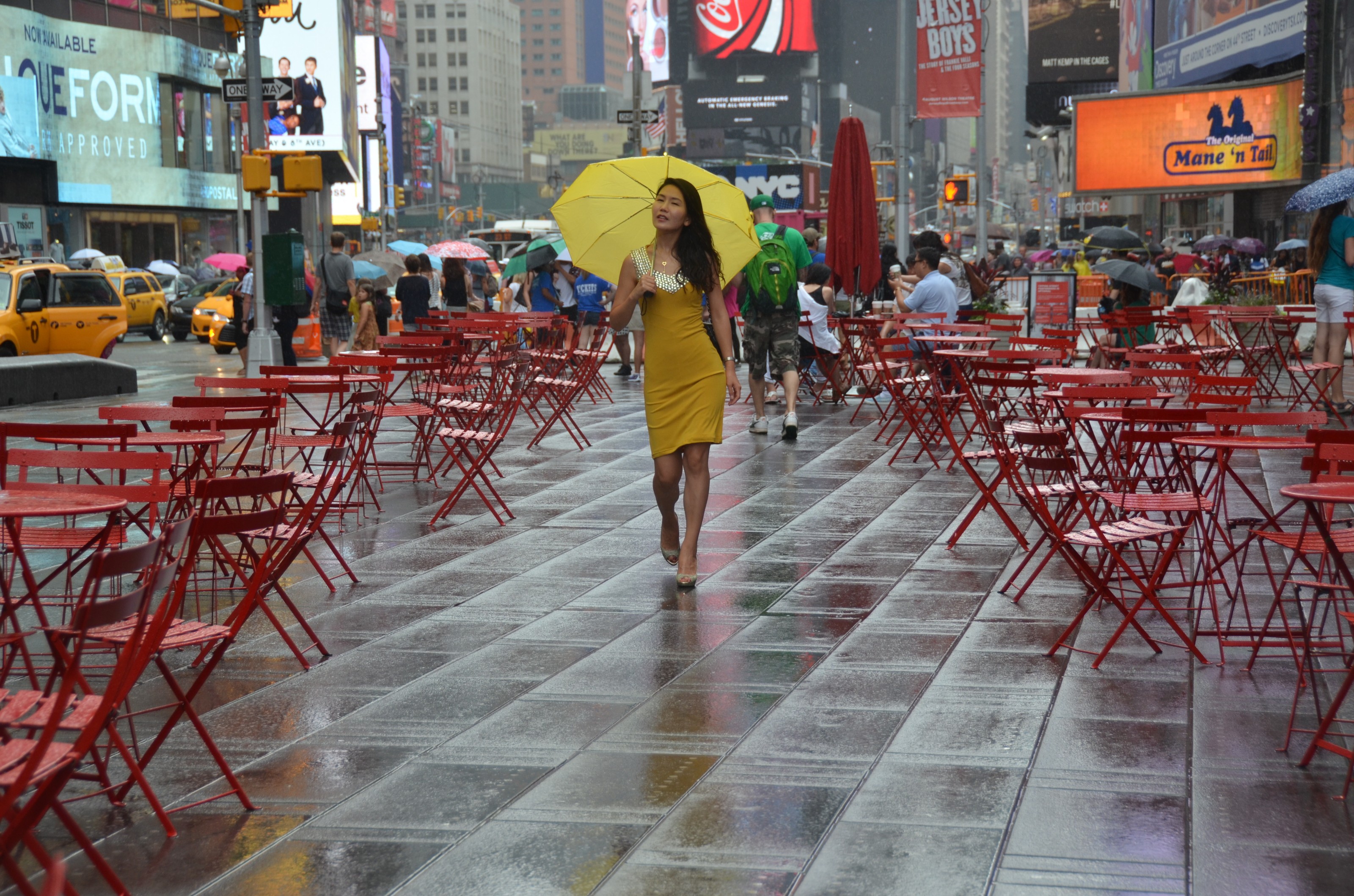 rainy day yellow umbrella in Times Square