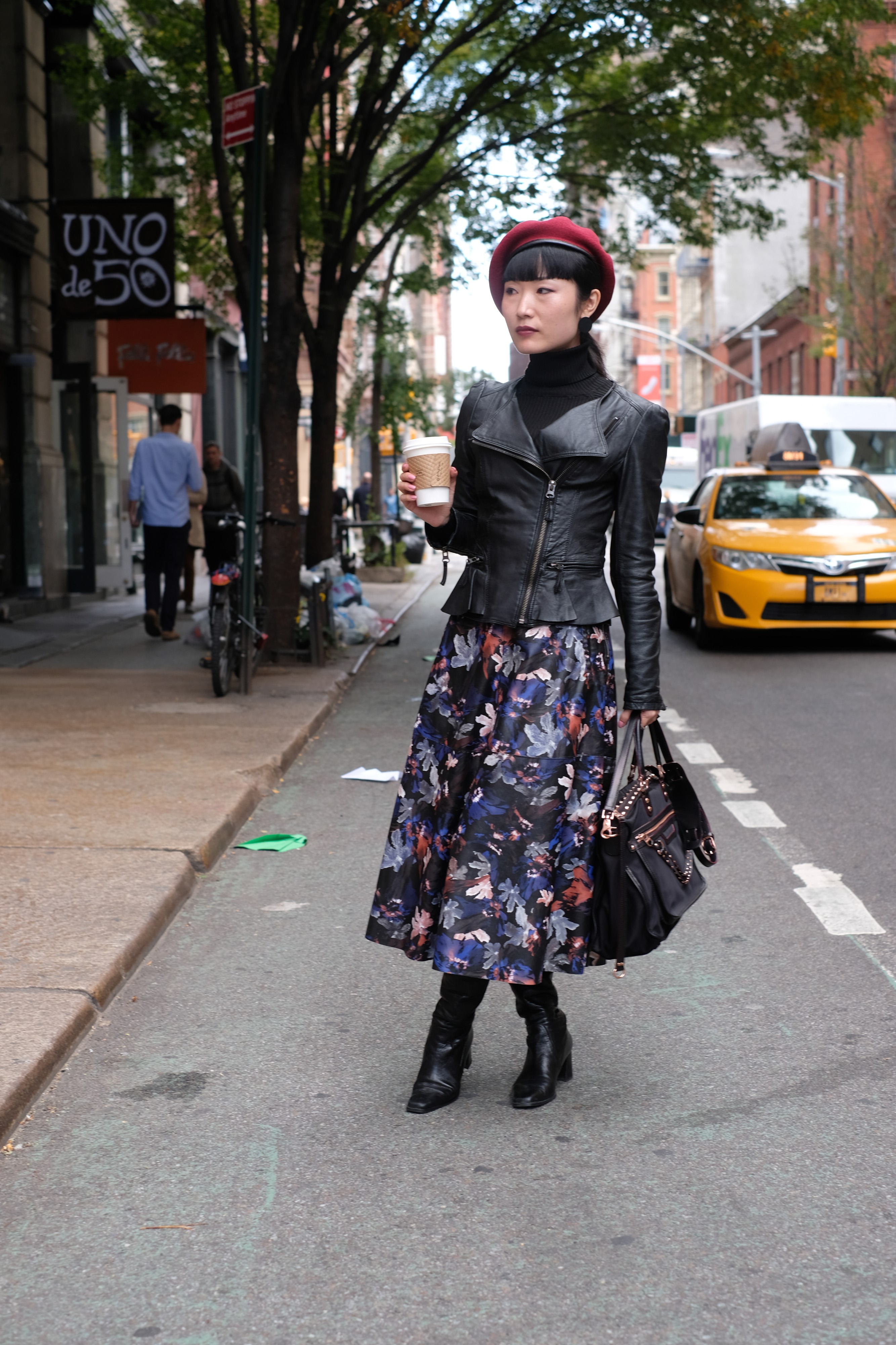 Japanese girl in floral dress and black jacket