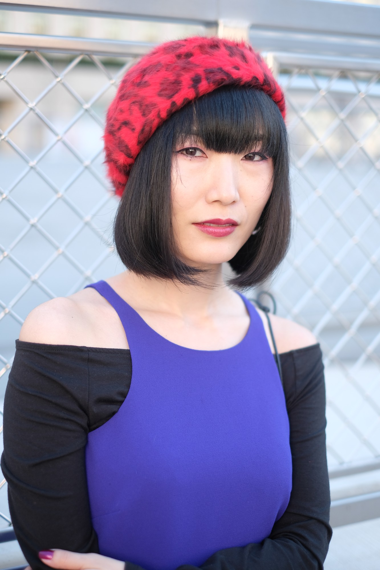 japanese girl in purple dress and red beret
