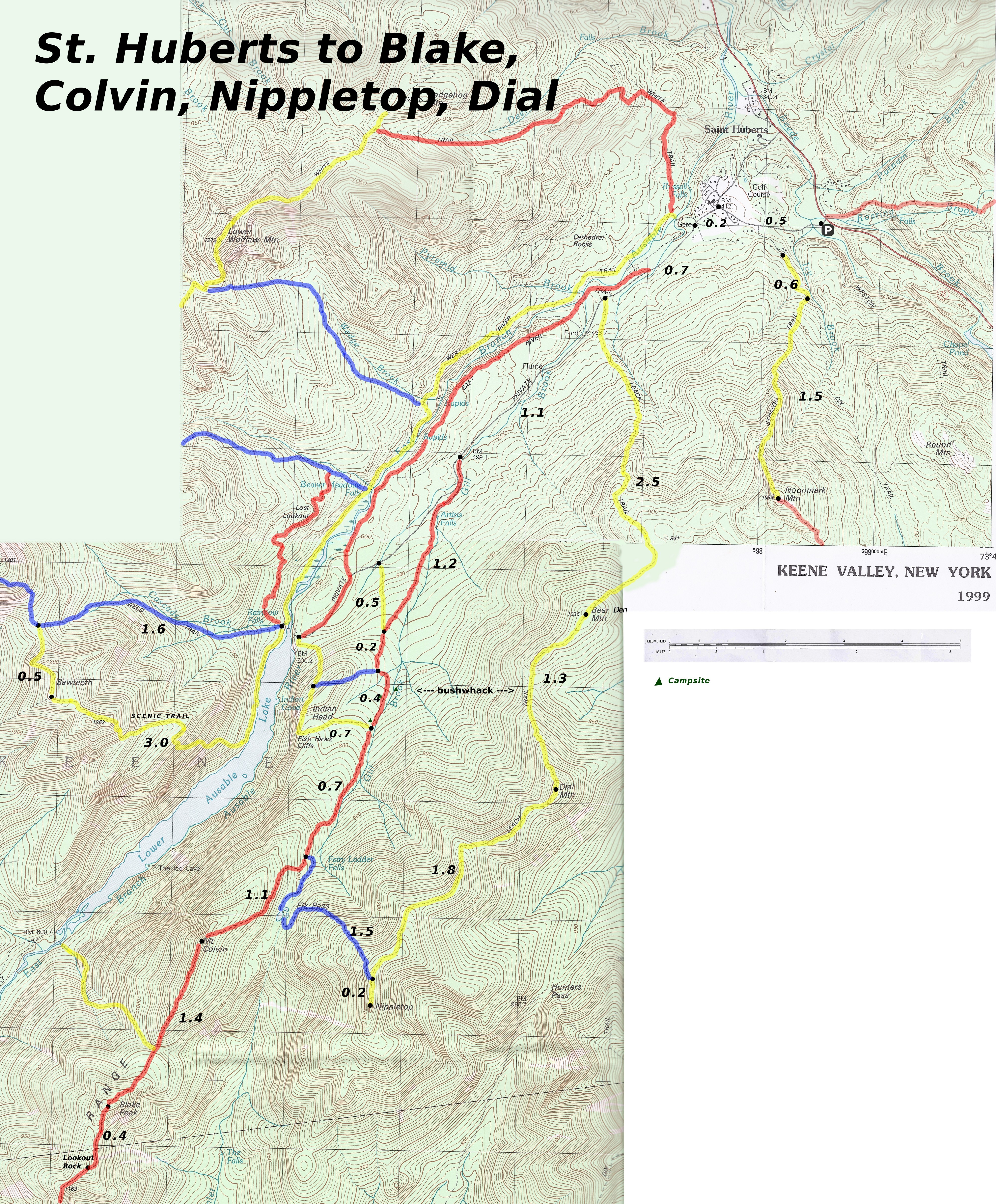 map of trails from AMR to Colvin, Blake, Nippletop, and Dial