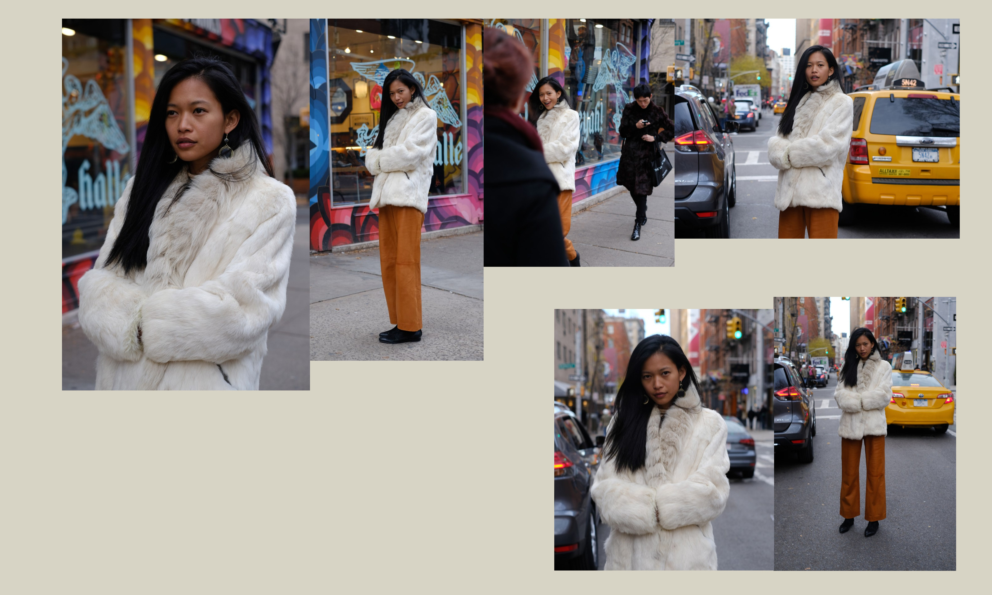 photo collage of model in white jacket